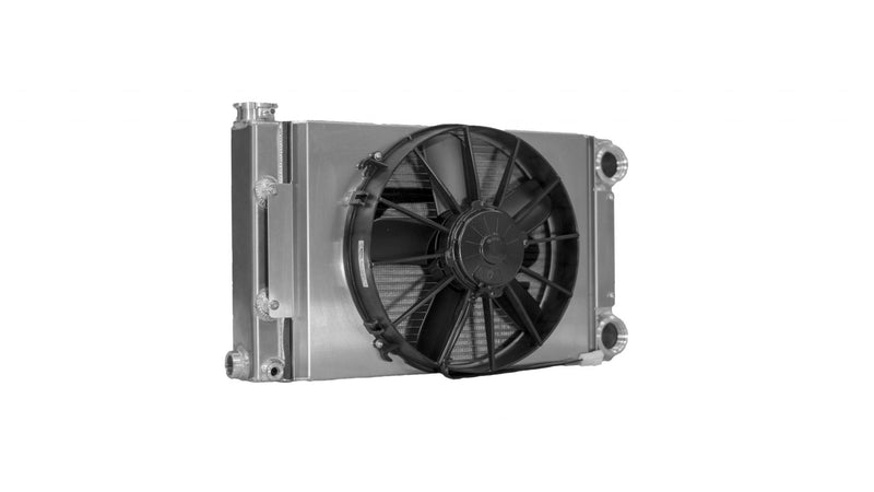 Radiator Module Drag Scirocco Style Open 22 Inch x 13 Inch -20 AN Port Inlet and Outlet (Specify Fittings) w/ 12 Inch Spal Fan and Shroud C&R Racing