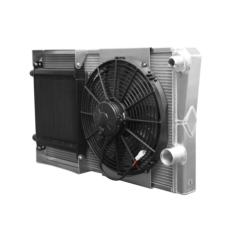 Radiator Module Lightweight Late Model Extruded Tube Closed 27.5 in x 16.26 in 1 3/4 in Outlet w/PWR OC & Spal 13 in fan