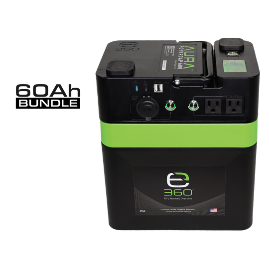 E360 (1) EX-AURA001: AURA 600W Inverter  (1) EX-G24-60C: E360 12.8V 60Ah G24 High-Density LiFePO4 Deep Cycle Battery   [A]