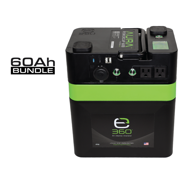 E360 (1) EX-AURA001: AURA 600W Inverter  (1) EX-G24-60C: E360 12.8V 60Ah G24 High-Density LiFePO4 Deep Cycle Battery   [A]